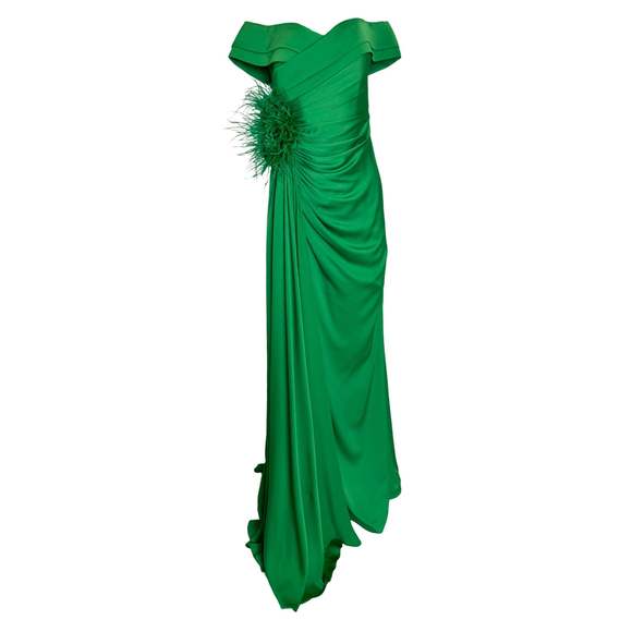 Cult Moda - Off Shoulder Boat Neck Green Cocktail Prom Dress - FR 42
